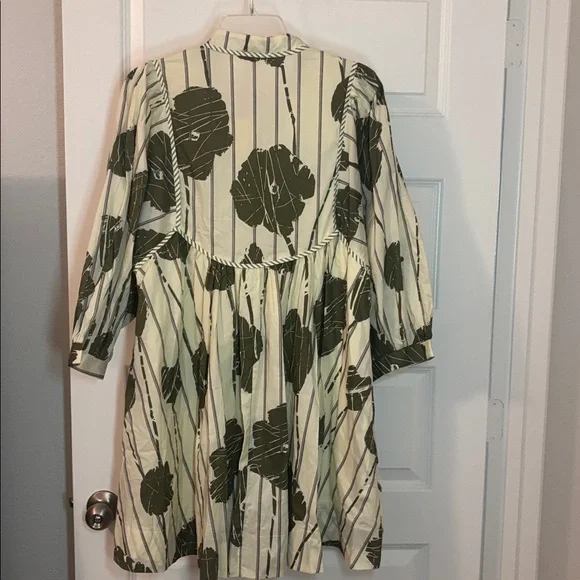 Entro Olive Green Floral Striped Piping Puff Sleeve Babydoll Mini Dress SZ L NWT - Picture 2 of 12